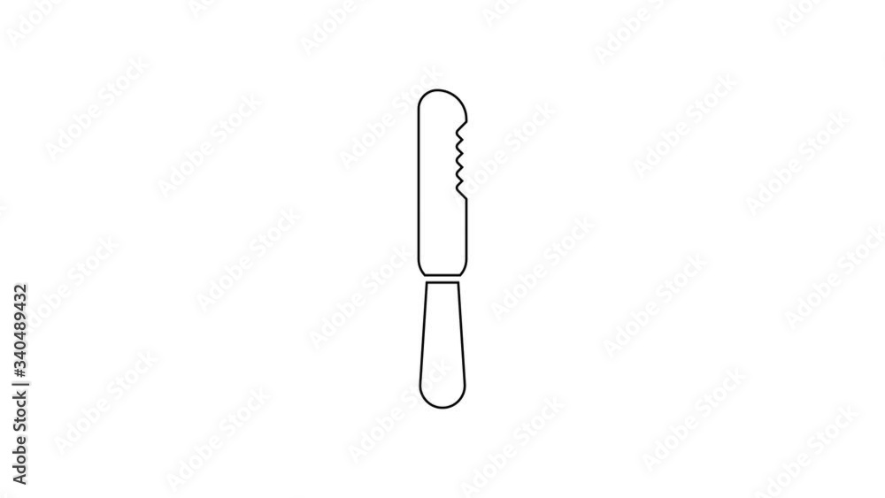 Black line Disposable plastic knife icon isolated on white background. 4K Video motion graphic animation Black line Disposable plastic knife icon isolated on white background. 4K Video motion graphic animation