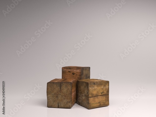 Design concept - abstract geometric real wooden cube with surreal layout on white floor background and it's 3D render