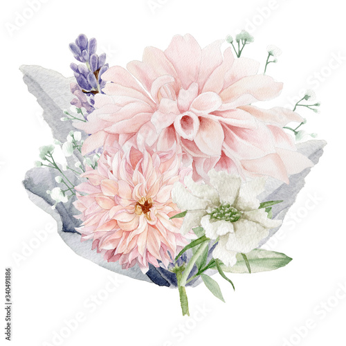 Fototapeta Naklejka Na Ścianę i Meble -  Flowers watercolor painting on white background. Isolated Clipart, Floral Wedding Invitation.