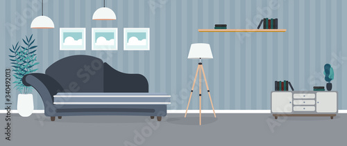 Modern room. Living room with a sofa, wardrobe, lamp, paintings. Furniture. Interior. Vector.