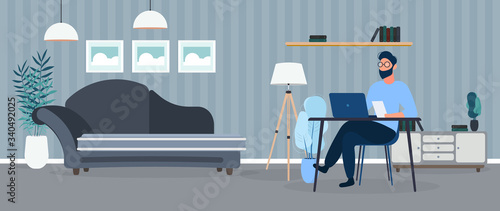 The guy works on a laptop in a stylish office. Study, computer, sofa, wardrobe, bookcase with books, paintings on the wall. Work at home. Vector.