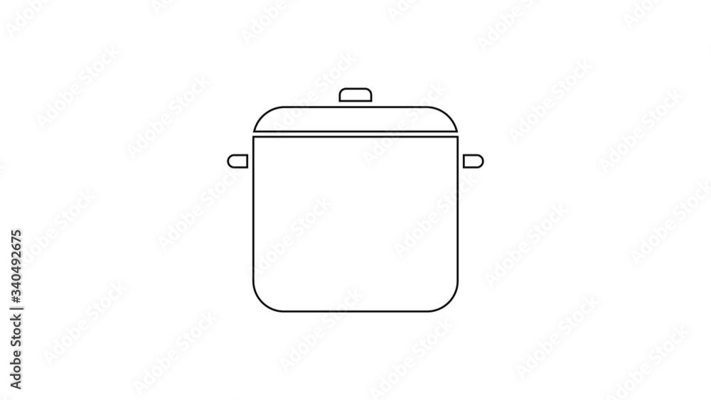 Black line Cooking pot icon isolated on white background. Boil or stew food symbol. 4K Video motion graphic animation Black line Cooking pot icon isolated on white background. Boil or stew food symbol. 4K Video motion graphic animation