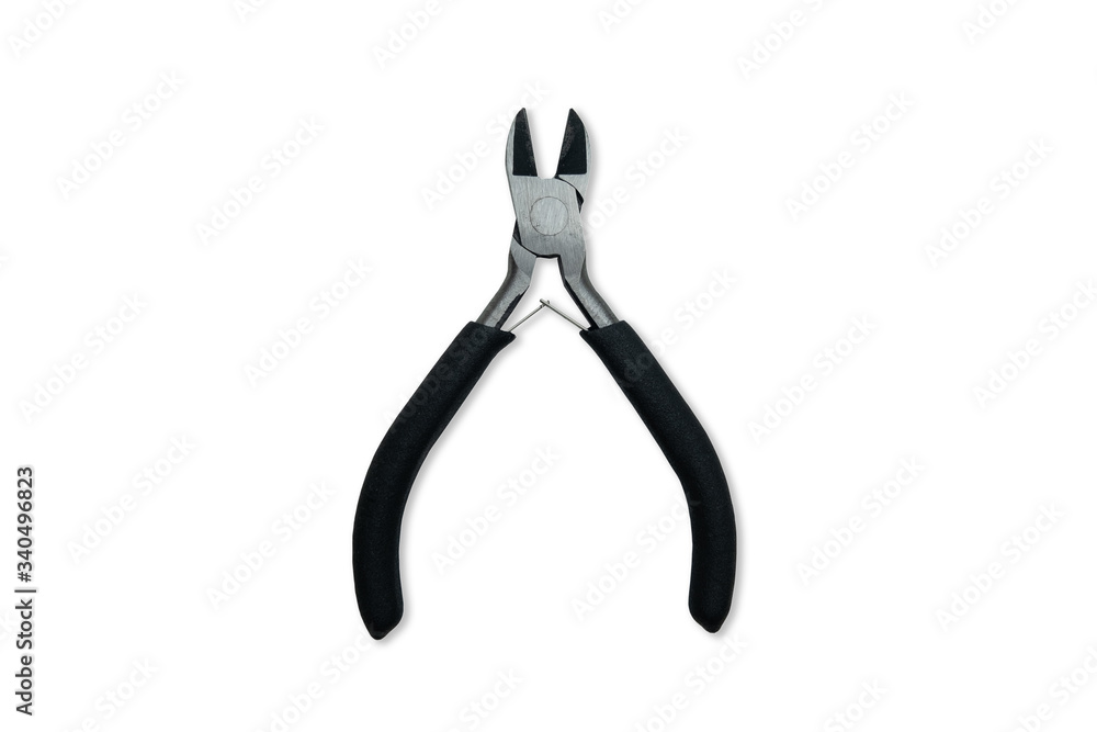 Metal wire cutters isolated on white with soft shadow. Stainless steel with black handle. Metal wire cutters isolated on white with soft shadow. Stainless steel with black handle.