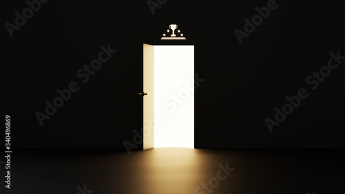 The black door with golden light at the destination signifies the success ahead, with a trophy is a symbol.3D rendering.