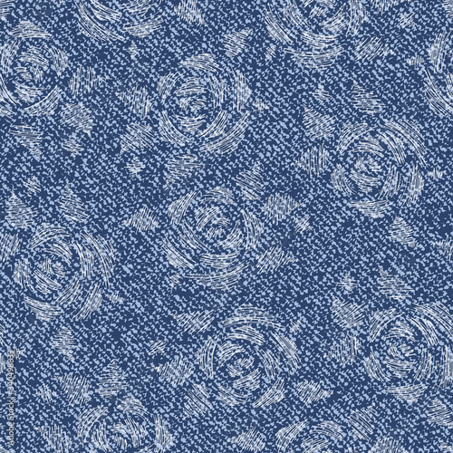 Vector Rose flower. Denim floral background. Jeans background with flowers. Denim seamless pattern. Blue jeans cloth. Roses.
