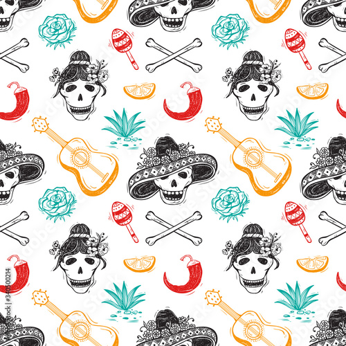 Mexico Vector Seamless Pattern. Dia de los Muertos. Day of the Dead. Mexican Background with Holiday Symbols: Mexican Skulls, Guitar, Chile Pepper, Bones, Flower, Tequila Agave
