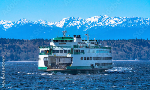 Washington State Ferry Boat Olympic Mountain Range Edmonds Washington photo