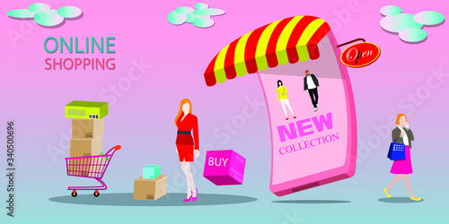 vector illustration of a set of books and cosmetics 
and shopping online
