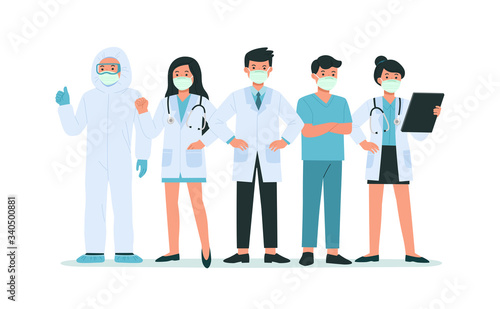 Brave doctors and nurses wearing face mask fight Against Covid-19, Coronavirus Disease. They are heroes. Health Care and Safety. Health bacteria virus protection.