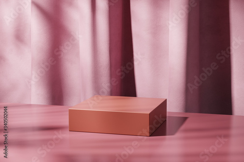 Cosmetic podium for product presentation.Pink podium and curtain with soft shadow. 3d rendering - illustration.