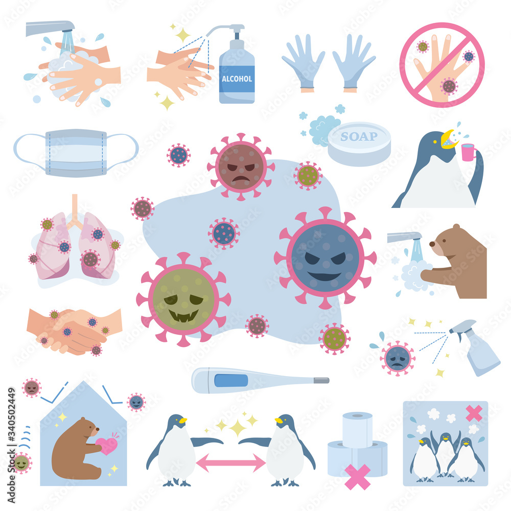 コロナ 感染症 ウイルス 予防 手洗い マスク イラスト Covid 19 ベクター セット Stock Vector Adobe Stock