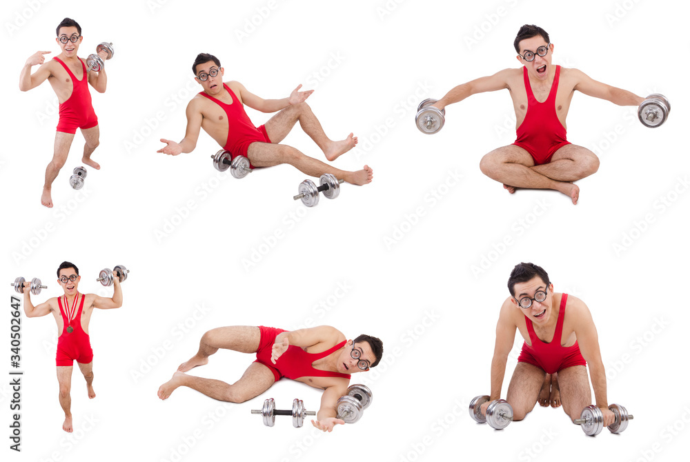 Funny guy exercising with dumbbells on white