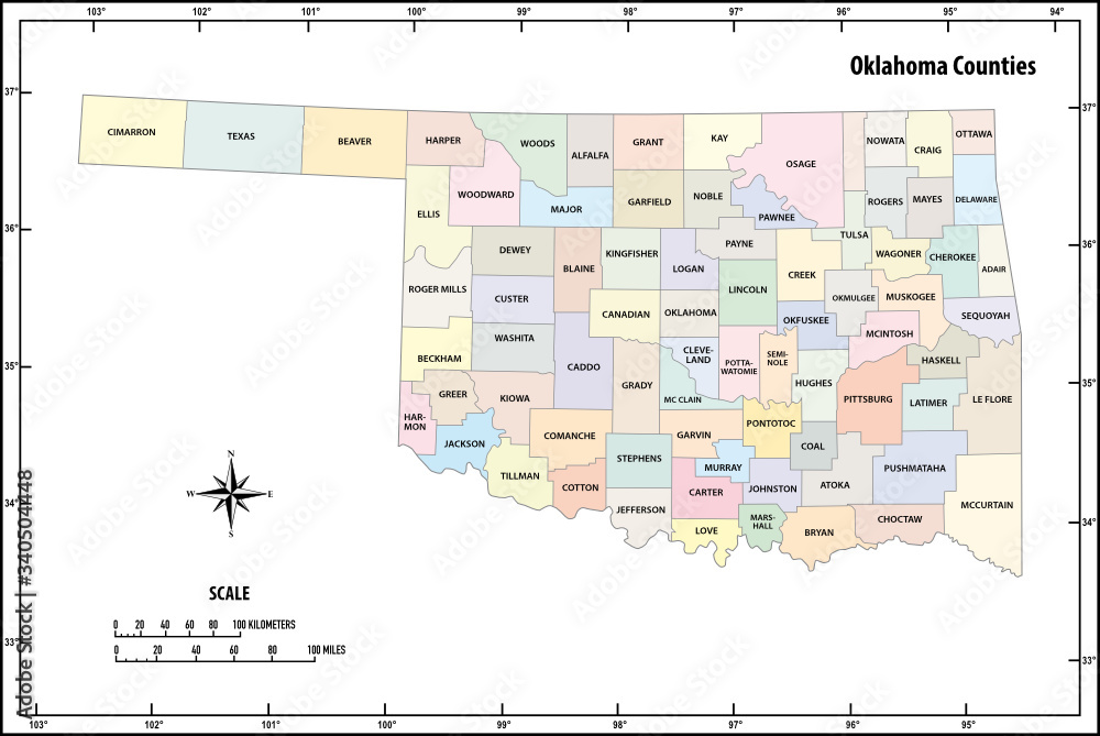 oklahoma state outline administrative and political vector map in color