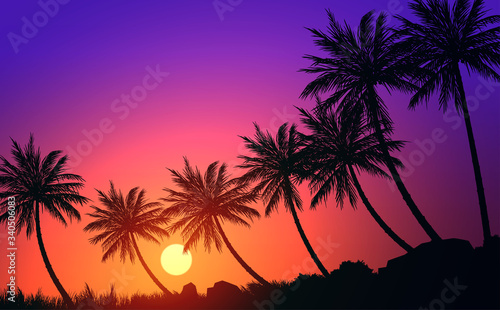 Natural Coconut trees. Mountains horizon hills. Silhouettes of palm trees and hills. Sunrise and sunset. Landscape wallpaper. Illustration vector style. Colorful view background. © Chakkree