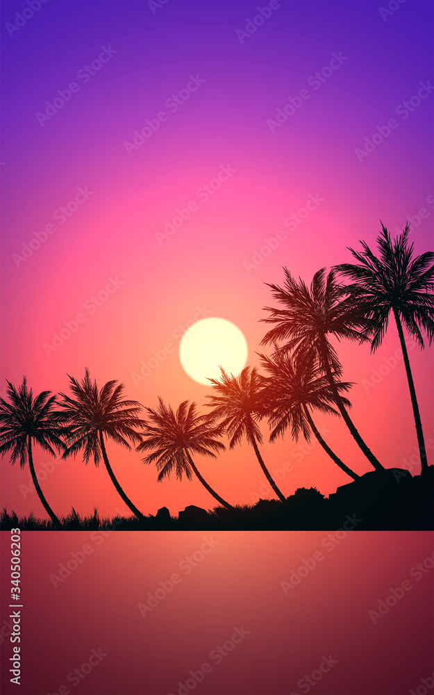 Fototapeta Natural Coconut trees. Mountains horizon hills. Silhouettes of palm trees and hills. Sunrise and sunset. Landscape wallpaper. Illustration vector style. Colorful view background.