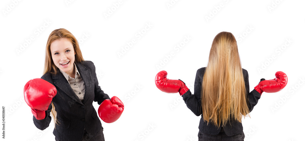 Woman businesswoman with boxing gloves on white Woman businesswoman with boxing gloves on white