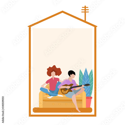 A couple of young people are sitting on the couch. The guy plays the guitar, the silhouette of the house. Concept: spending time at home on self-isolation and quarantine. Vector illustration