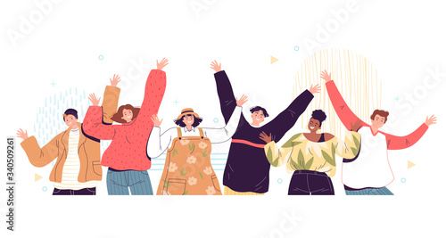 Group portrait of smiling teenage boys and girls or school friends standing together, waving hands. Happy students isolated on white background. Vector illustration.