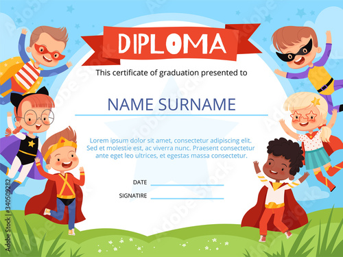 Layout of children's diploma with cheerful children superheroes. Kids reward