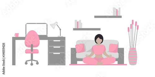 Woman does yoga at home near sofa. Girl in lotus position meditating in front of a laptop. Concept online yoga class and quarantine time.  Cute illustration in flat style. 
