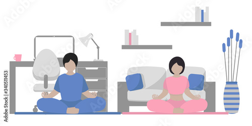 Family yoga at home concept. man and woman in lotus position. Mom and dad meditation together on sport mat. Cute illustration in flat style.