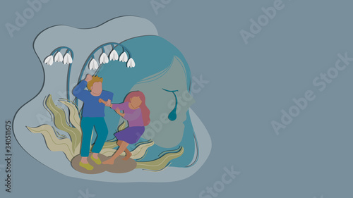 flat design illustration look like paper cutting art of man is hitting woman with woman face crying as background. conceptual of  "stop abuse" and " stop violence against women" with copy space