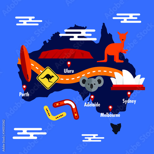 Mapa Australii z rozpoznawalnymi symbolami Australii i miastami. 
Cartoon Australia continent map with  famous symbols of Australia and cities. Vector illustration. 