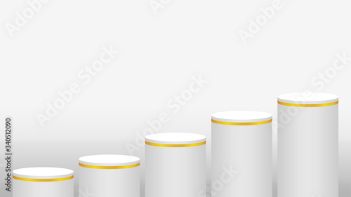 pedestal cylinder circle five steps for cosmetics showcase, podium circle stage white grey and gold color, platform 5 steps and advertising copy space, podium round five layers of product display