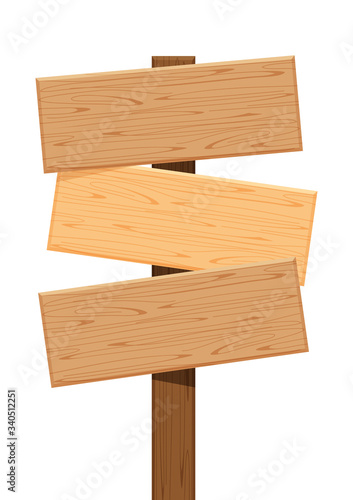 three wooden sign of different directions isolated on white, empty wood plank signs for copy space, signboard wood texture, clip art wooden flat plank for signpost, wood plank panel for title message © cgdeaw