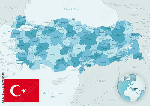 Blue-green detailed map of Turkey and administrative divisions with country flag and location on the globe.