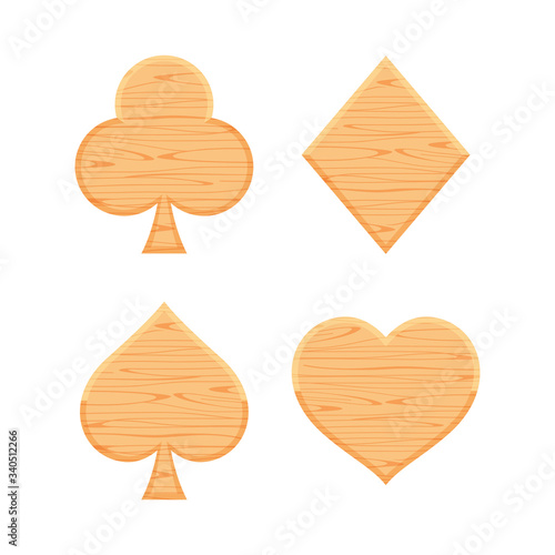 card suit icon wooden isolated on white background  symbol card clubs diamonds hearts and spades shape  wood sign club diamond heart and spade  illustration wooden card icon set