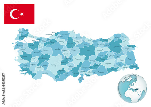 Turkey administrative blue-green map with country flag and location on a globe.