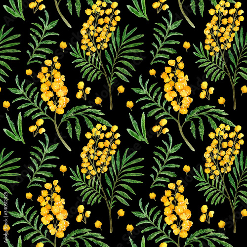 Watercolor floral seamless pattern with acacia mimosa flowers. Hand painted illustration. Yellow flowers on black background. Spring branches. Endless surface. For gift wrapping, textile, fabric.