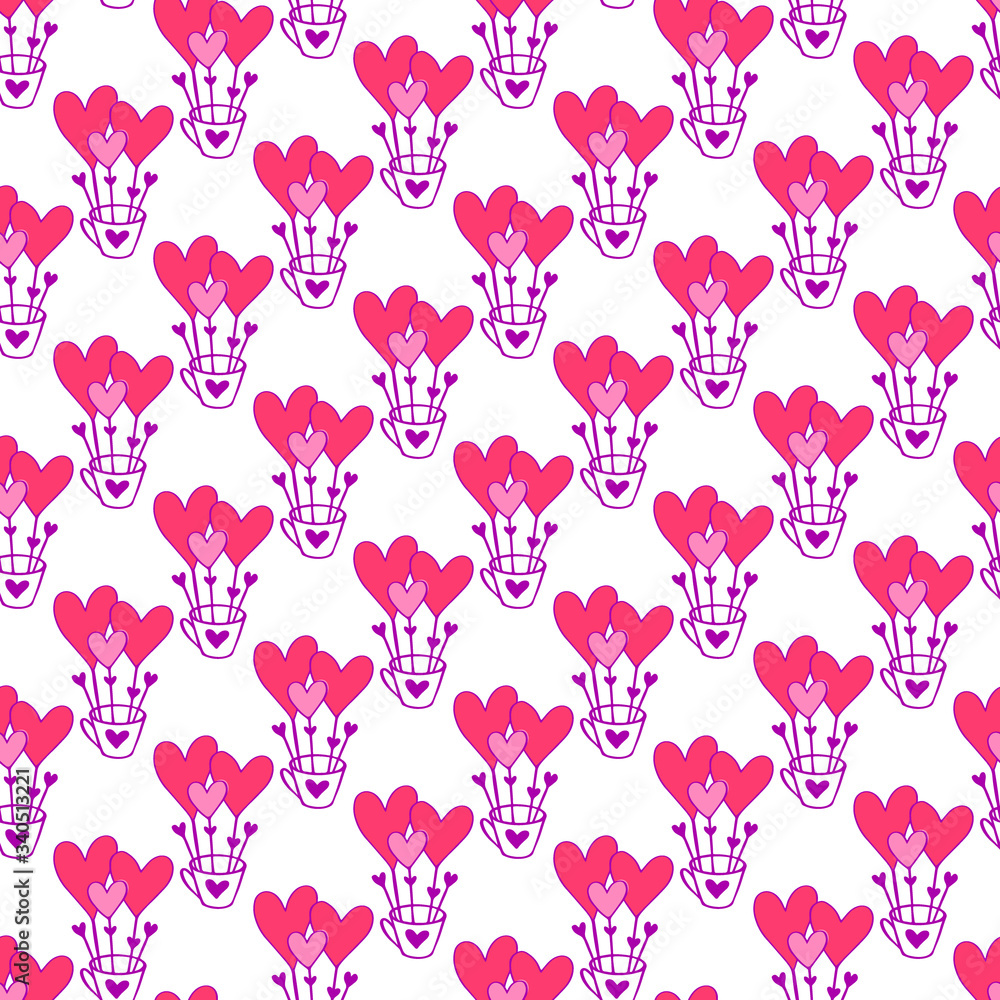 Seamless Pattern for Valentines Day design. Heart composition in a cup. Hand drawn love and romance theme background. Elegant vector illustration.