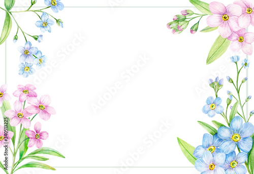 Watercolor floral frame   border - flower illustration for wedding  anniversary  birthday  invitations  romantic events. Floral arrangement with gentle forget-me-nots flowers with leaves.