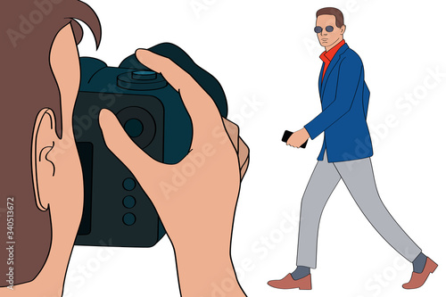 A photographer takes a passerby on camera. Vector image isolated on a white background.