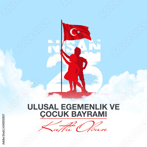 holiday banner illustration of the cocuk baryrami 23 nisan , tr: Turkish April 23 National Sovereignty and Children's Day, graphic design Turkish holiday card , kids icon with clouds, children logo.
