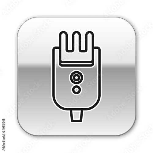 Black line Electrical hair clipper or shaver icon isolated on white background. Barbershop symbol. Silver square button. Vector Illustration