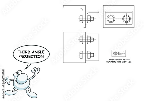 Monochrome example of engineering third angle orthographic projection drawing using rolled steel angle assembly 