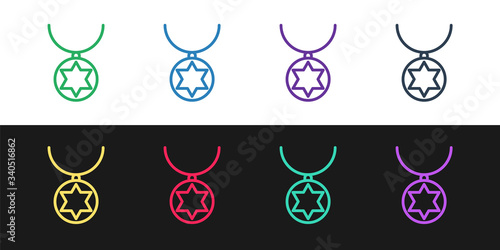 Set line Star of David necklace on chain icon isolated on black and white background. Jewish religion. Symbol of Israel. Jewellery and accessory. Vector Illustration