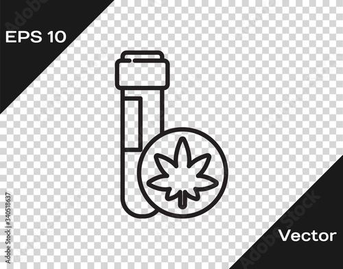 Black line Chemical test tube with marijuana or cannabis leaf icon isolated on transparent background. Research concept. Laboratory CBD oil. Vector Illustration