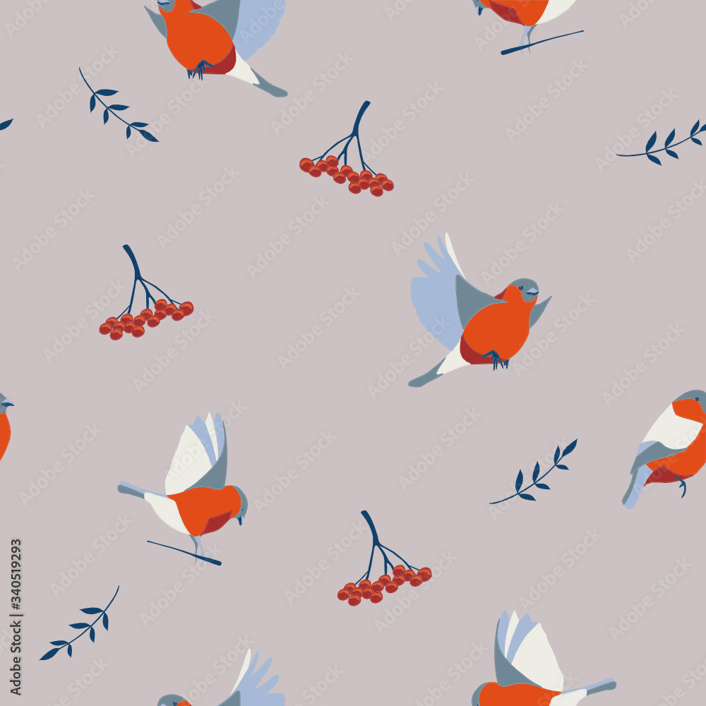 Vector seamless winter pattern with bullfinch birds and floral motifs Vector seamless winter pattern with bullfinch birds and floral motifs