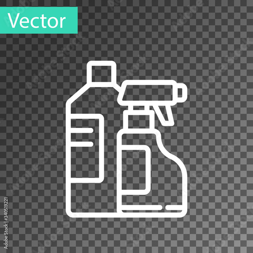 White line Plastic bottles for laundry detergent, bleach, dishwashing liquid or another cleaning agent icon isolated on transparent background. Vector Illustration