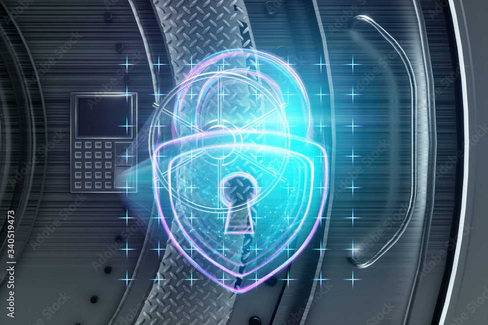 The hologram of the castle on the background of the doors of the bank vault. The concept of deposit protection protection of savings data protection technology. Copy space 3D illustration 3D render The hologram of the castle on the background of the doors of the bank vault. The concept of deposit protection protection of savings data protection technology. Copy space 3D illustration 3D render