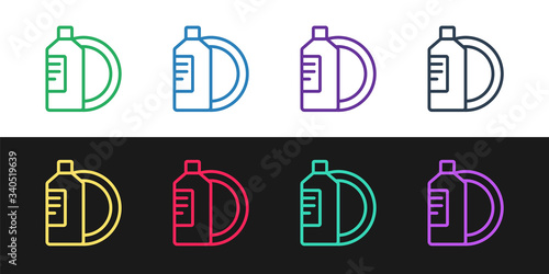 Set line Dishwashing liquid bottle and plate icon isolated on black and white background. Liquid detergent for washing dishes. Vector Illustration