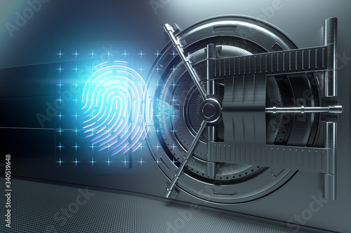 Hologram of a fingerprint on the background of the Bank vault door. The concept of deposit protection, protection of savings, data protection technology. Copy space, 3D illustration, 3D render.