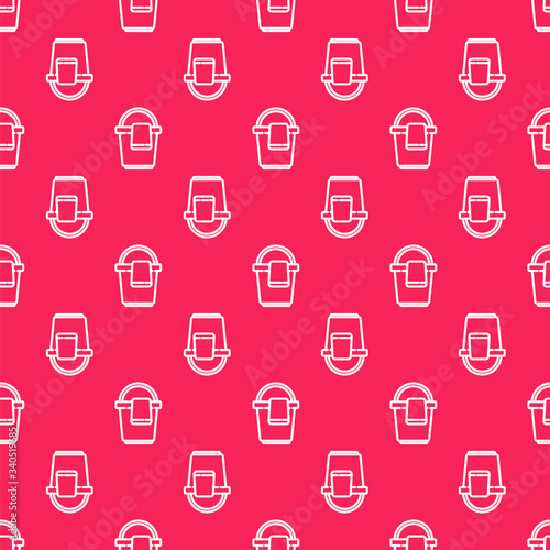 White line Bucket with rag icon isolated seamless pattern on red background. Cleaning service concept. Vector Illustration
