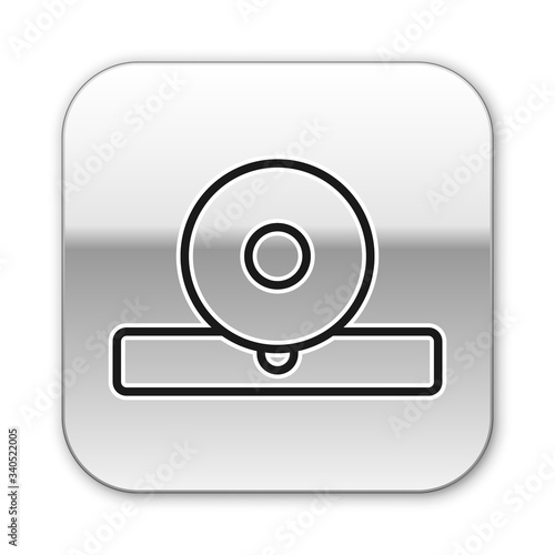 Black line Otolaryngological head reflector icon isolated on white background. Equipment for inspection the patient's ear, throat and nose. Silver square button. Vector Illustration