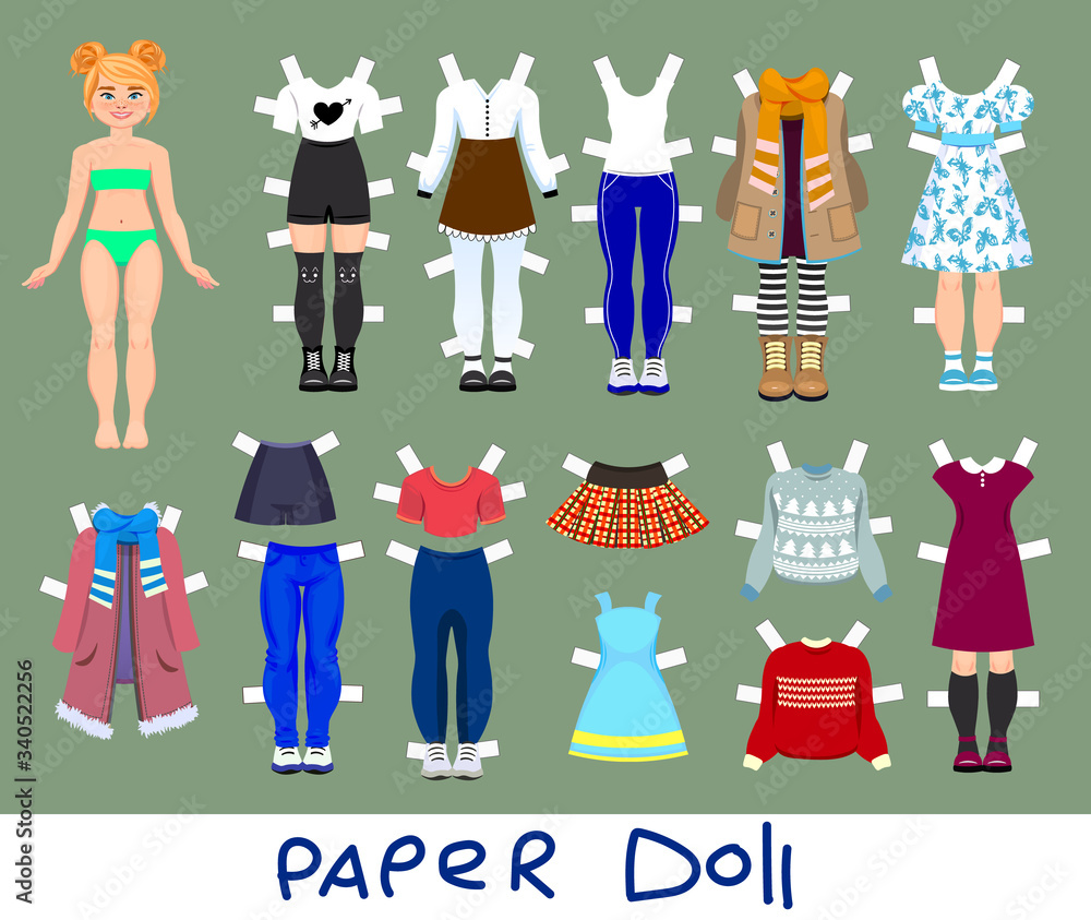 Cute girl Paper Doll with Set of Clothes and Shoes Stock Vector | Adobe  Stock