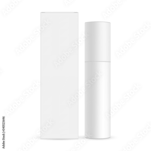 Blank cosmetic bottle with paper box mockup isolated on white background. Vector illustration
